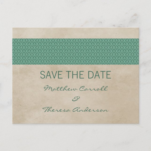 Green Rustic Damask Save the Date Postcard (Front)