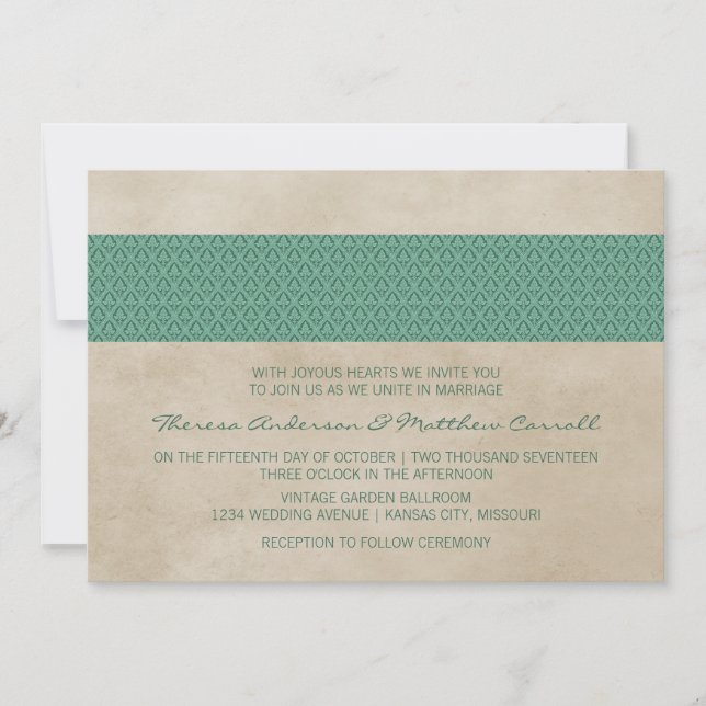Green Rustic Damask Wedding Invite (Front)