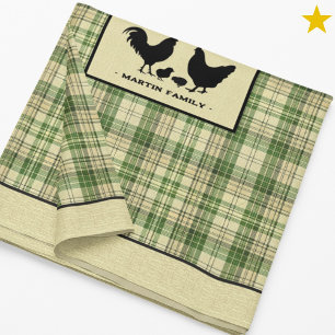 Green Rustic Farmhouse Plaid Chicken Family Name   Tablecloth