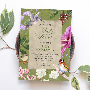 Green rustic floral bird art baby shower invitation