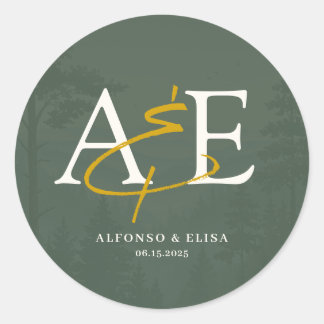 Green Rustic Forest Watercolor Wedding Classic Round Sticker