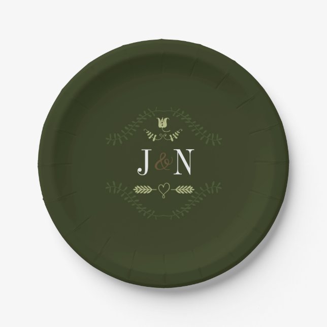 Green Rustic Forest Wedding Reception Monogram Paper Plate (Front)