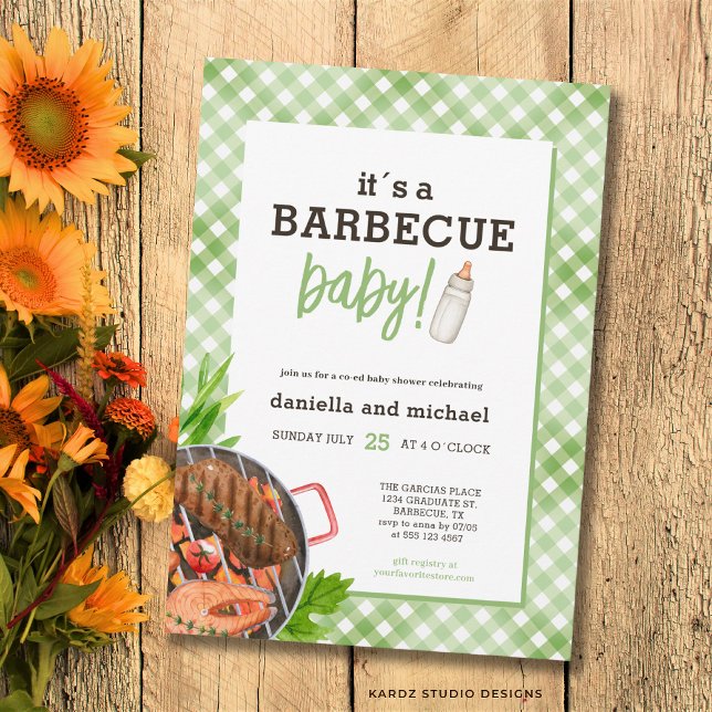Green Rustic Gingham Barbecue Baby Shower Invitation (Front of the invitation is shown in 5x7-inch. Choose size, paper, and corner style.)