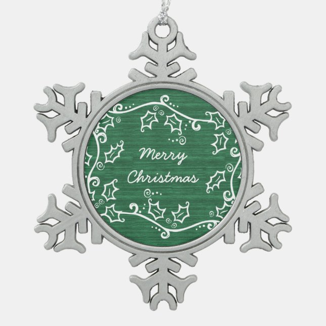Green Rustic Holly Snowflake Ornament (Front)