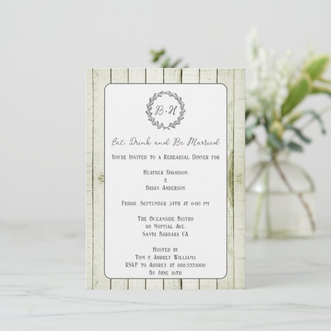 Green Rustic Monogram Rehearsal Dinner Invitation (Standing Front)