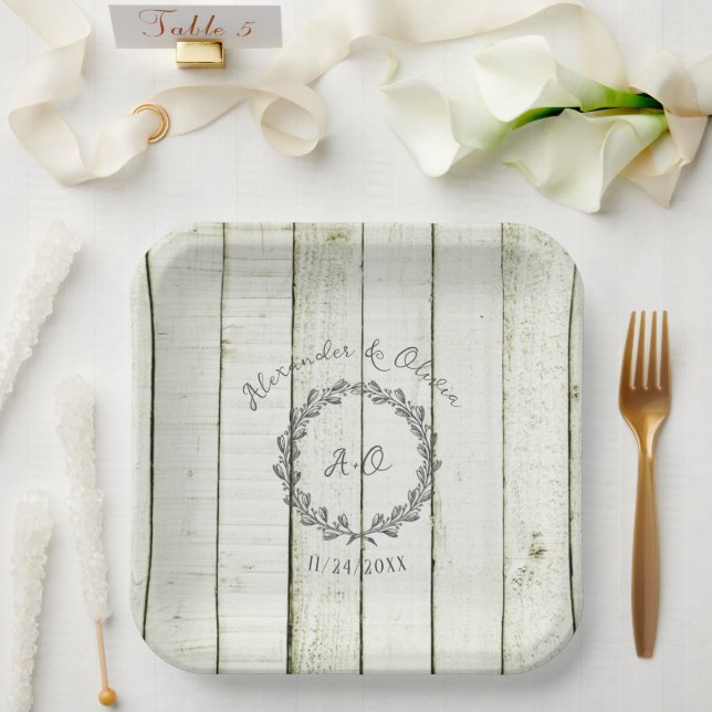 Green Rustic Monogram Wedding Shower Paper Plates (Wedding)