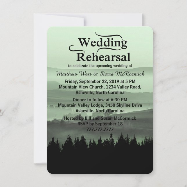 Green Rustic Mountain Wedding Rehearsal Dinner Invitation (Front)