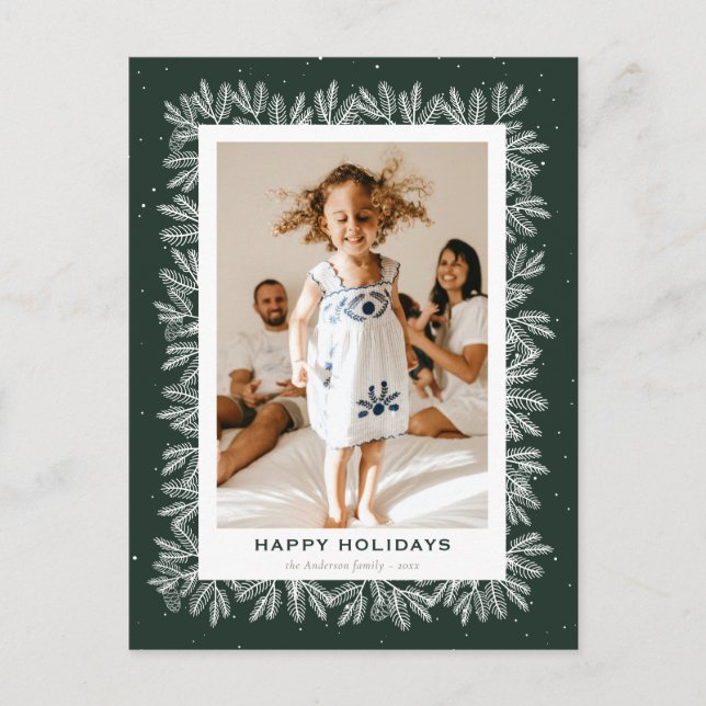 Green Rustic Pine Snow Photo Happy Holiday Postcard (Front)