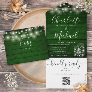 Green Rustic QR Code Mason Jars Lights Wedding All In One Invitation