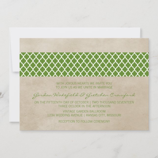 Green Rustic Quatrefoil Wedding Invite (Front)