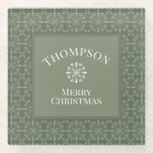 Green Rustic Snowflake Holiday Christmas Family Glass Coaster