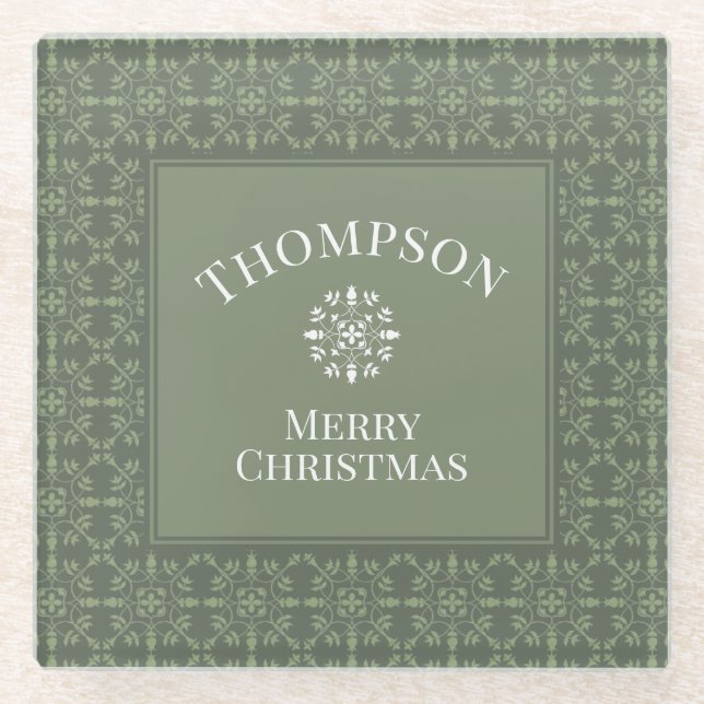 Green Rustic Snowflake Holiday Christmas Family Glass Coaster (Front)