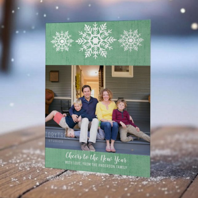 Green Rustic Snowflake New Year's Photo Flat Card (Green Rustic Snowflake New Years Photo Card)
