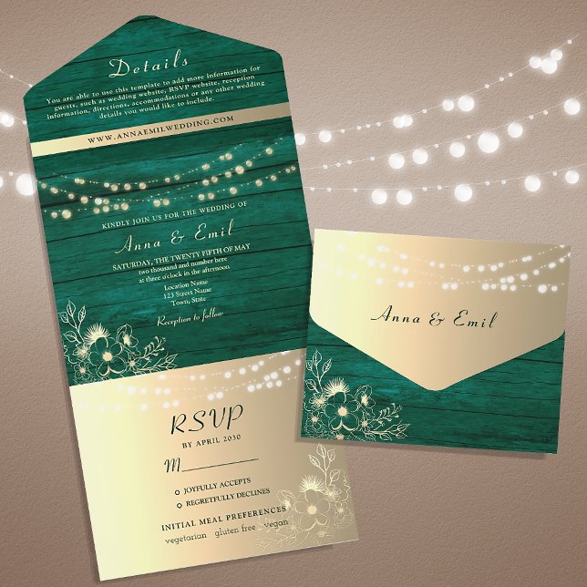 Green Rustic String Lights Wedding All In One Invitation (Creator Uploaded)