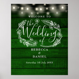 Green Rustic String Lights Wedding Welcome Sign