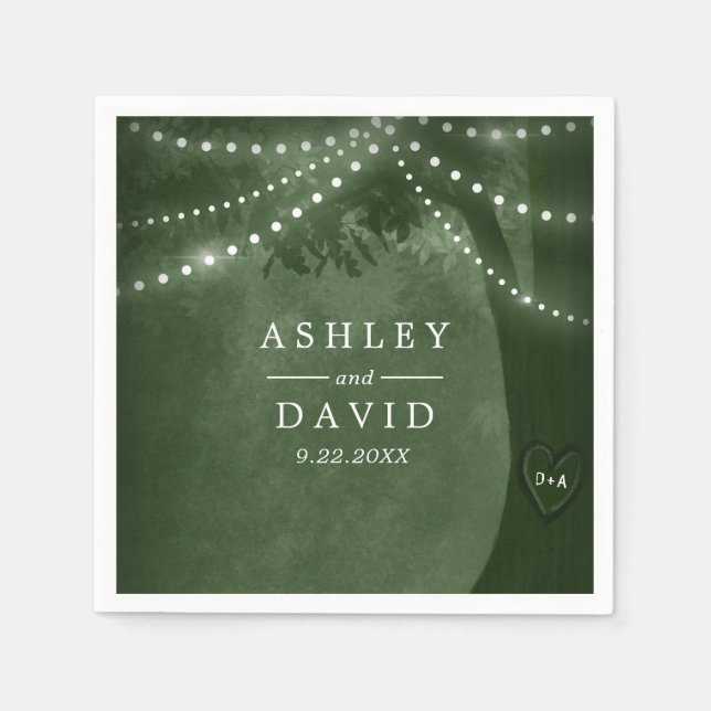 Green Rustic Tree Initials String Lights Wedding Napkin (Front)