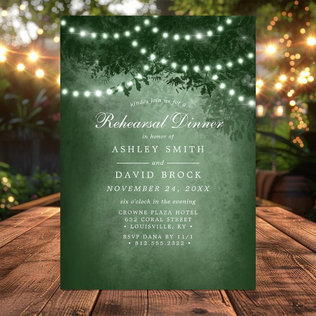 Green Rustic Tree String Lights Rehearsal Dinner Invitation (Creator Uploaded)