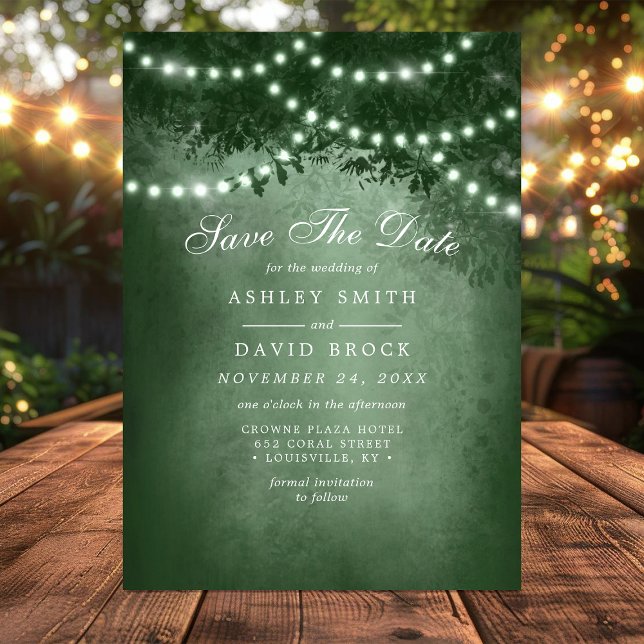 Green Rustic Tree String Lights Save The Date Card (Creator Uploaded)