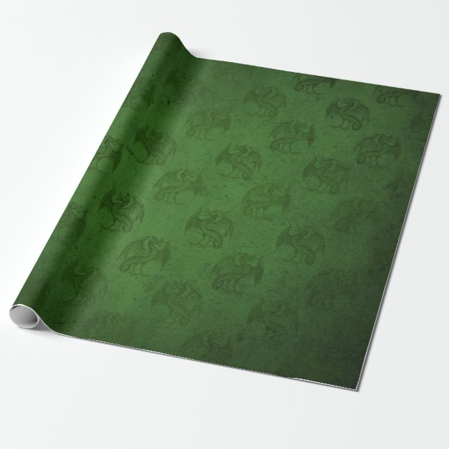 Green Rustic Vintage Dragon Print Wrapping Paper (Unrolled)