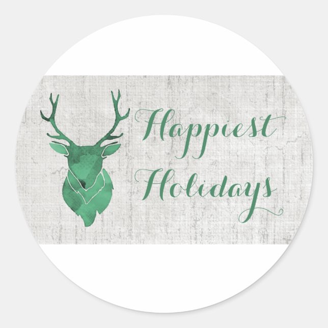 Green Rustic Watercolor Deer Holiday Classic Round Sticker (Front)