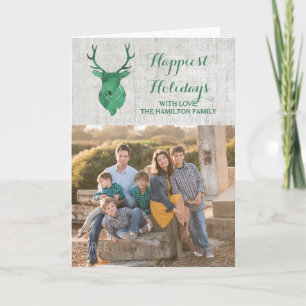 Green Rustic Watercolor Deer Holiday Photo Card