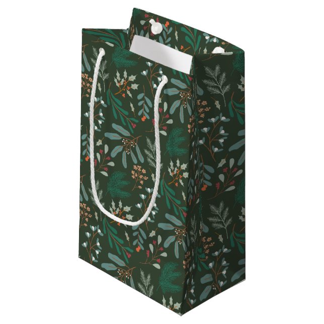 Green Rustic Winter Botanical Small Gift Bag (Front Angled)