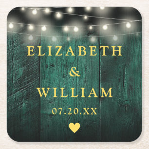 Green Rustic Wood Boho Barn String Lights Wedding Square Paper Coaster