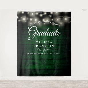 Green Rustic Wood String Lights Graduate Backdrop Tapestry