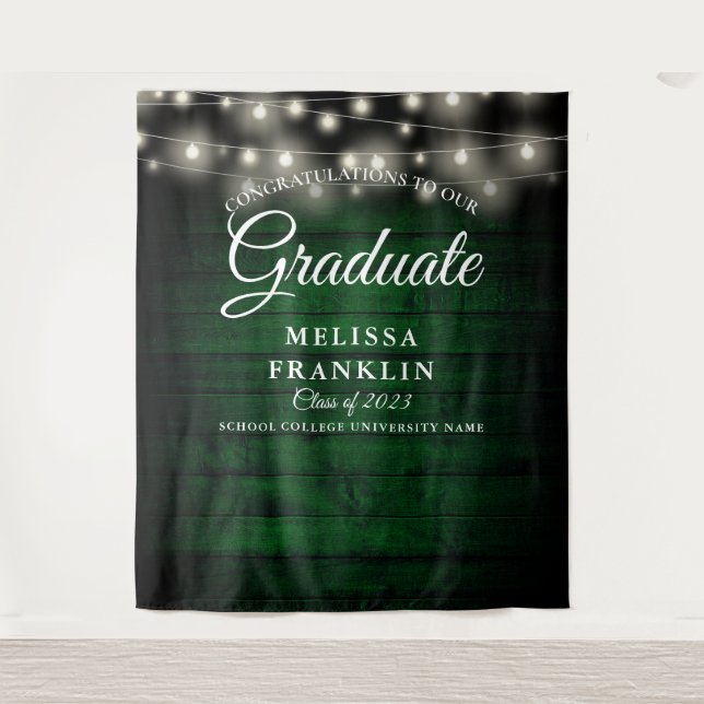 Green Rustic Wood String Lights Graduate Backdrop Tapestry (Front)