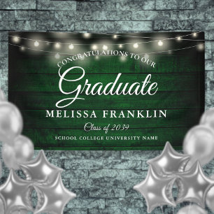 Green Rustic Wood String Lights Graduation Banner