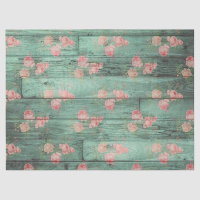 Green Rustic Wood with Pink Rose Decoupage Tissue Paper (Front)