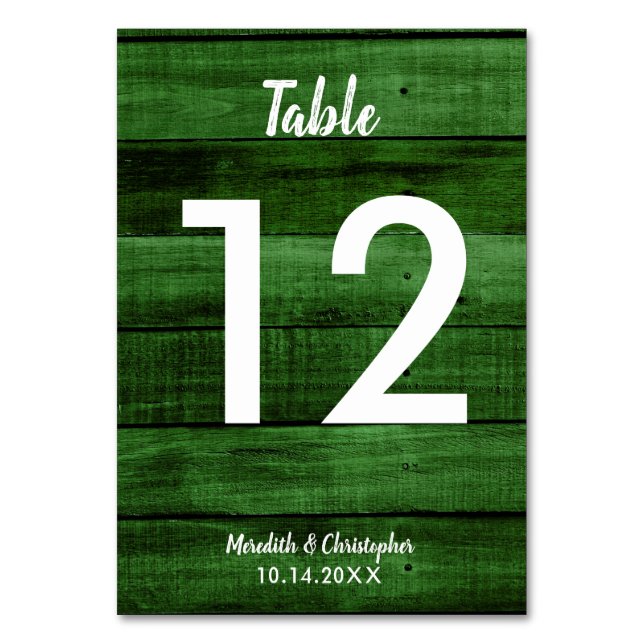Green Rustic Woodgrain Wedding Table Number (Front)