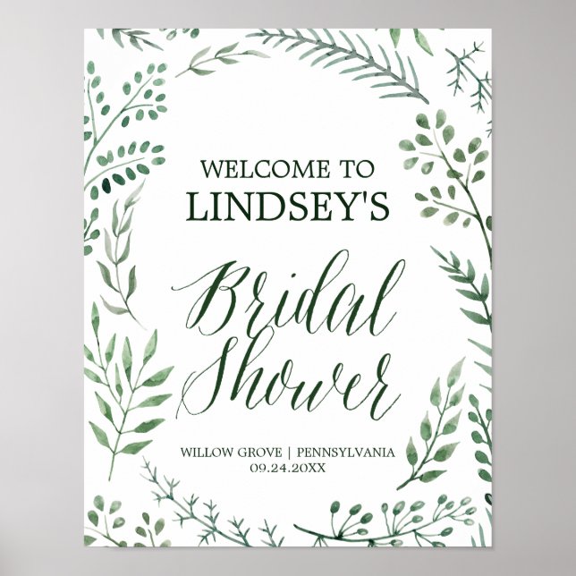 Green Rustic Wreath Bridal Shower Welcome Poster (Front)