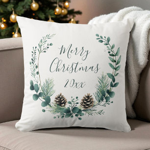 Green Rustic Wreath Farmhouse Merry Christmas Cushion