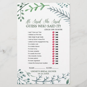 Green Rustic Wreath "He Said She Said" Game