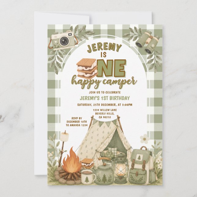 Green S’mores Camping Boy Camper Party Gingham Invitation (Front)