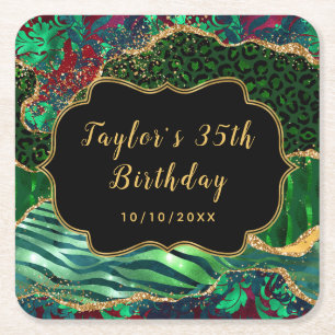 Green Safari Agate Birthday Square Paper Coaster