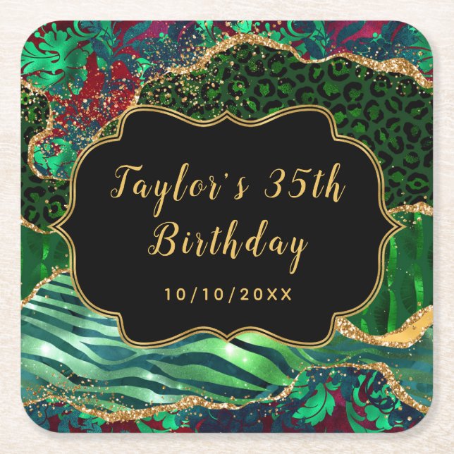 Green Safari Agate Birthday Square Paper Coaster (Front)