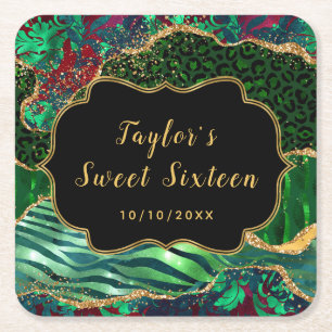 Green Safari Agate Sweet Sixteen Square Paper Coaster