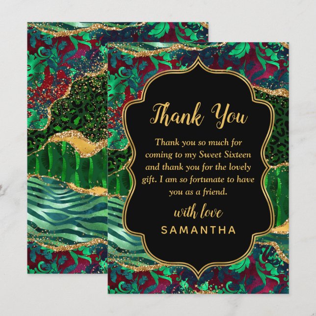 Green Safari Agate Sweet Sixteen Thank You Card (Front/Back)
