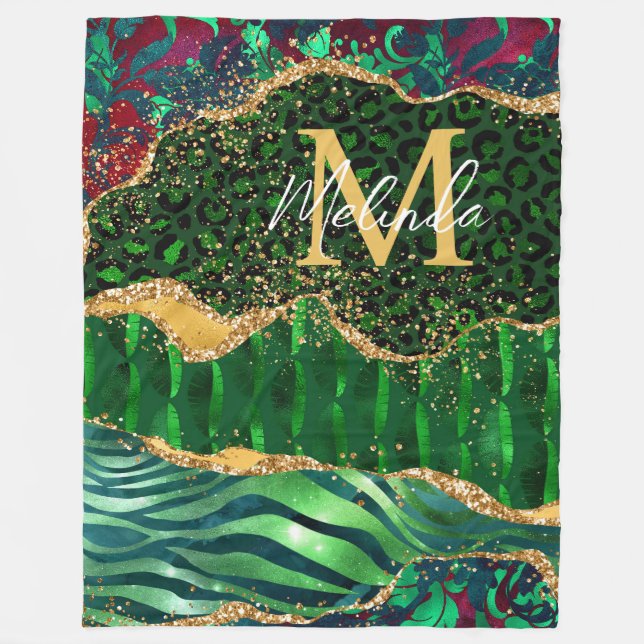 Green Safari Animal Print Agate Fleece Blanket (Front)