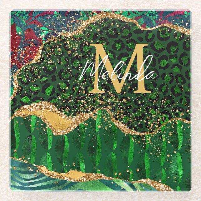 Green Safari Animal Print Agate Glass Coaster (Front)