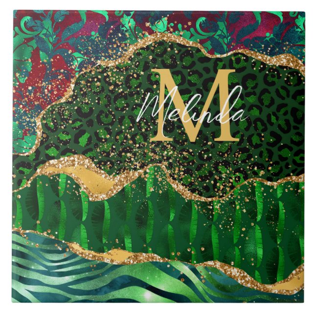 Green Safari Animal Print Agate Tile (Front)