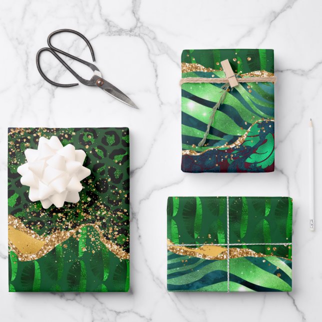 Green Safari Animal Print Agate Wrapping Paper Sheet (Front)