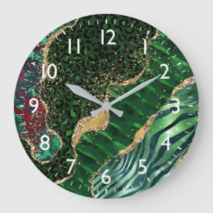 Green Safari Animal Print Faux Glitter Agate Large Clock