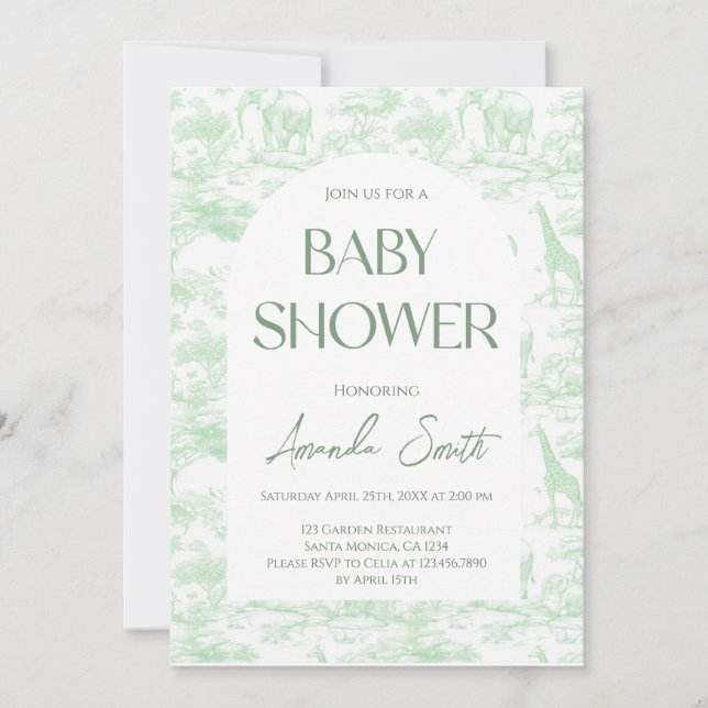 Green Safari Animals Toile De Jouy Baby Shower Invitation (Front)