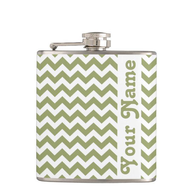 Green Safari Chevron with customisable name Hip Flask (Front)