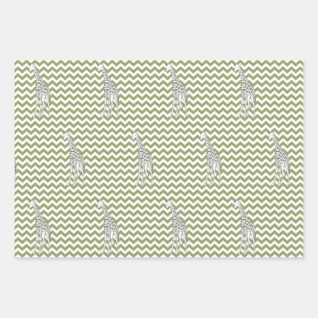 Green Safari Chevron with Pop Art Giraffe Wrapping Paper Sheet (Front)