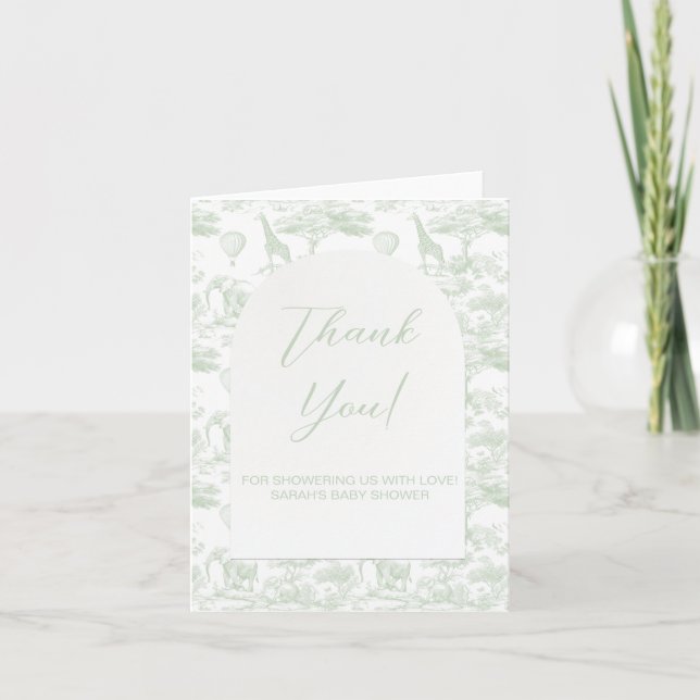 Green Safari D Toile Jouy Baby Shower Thank You Note Card (Front)