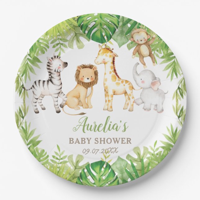 Green Safari Forest Jungle Animals Baby Shower  Paper Plate (Front)